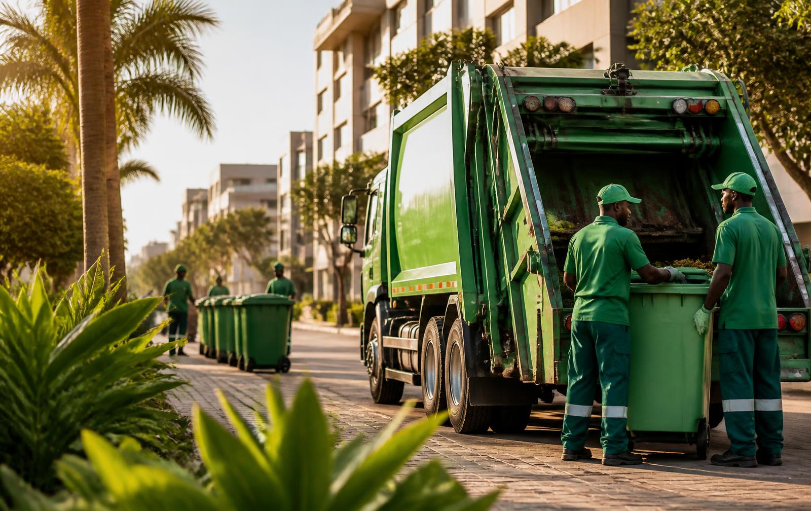 Équipe BIOBAC collectant des bacs de déchets dans une rue
